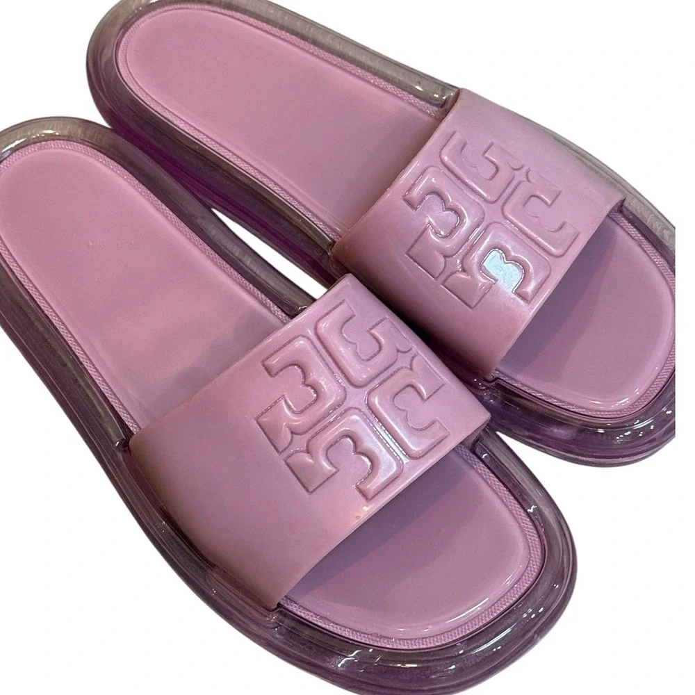 Tory Burch Bubble Jelly Slide Sandals Pink Salt Wide Strap Logo 8B
